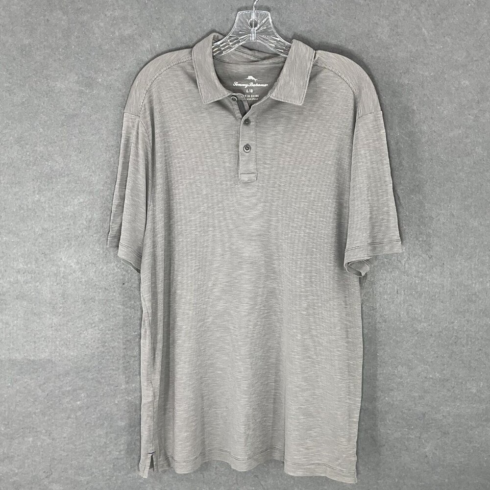 Tommy Bahama Polo Men L Cotton Blend Micro Strip Gray Short Sleeve‎ Casual